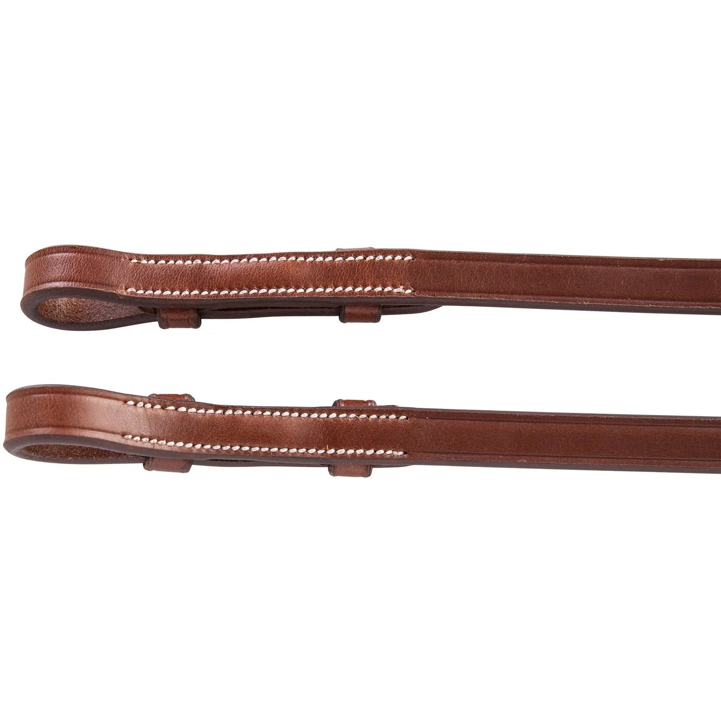 Brown leather strap with stitching on a white background