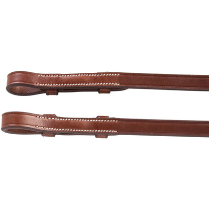 Brown leather strap with stitching on a white background