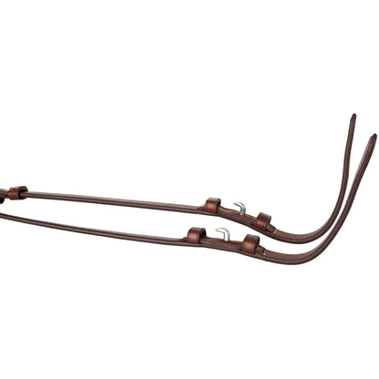 Pair of brown leather boots with decorative elements on a white background