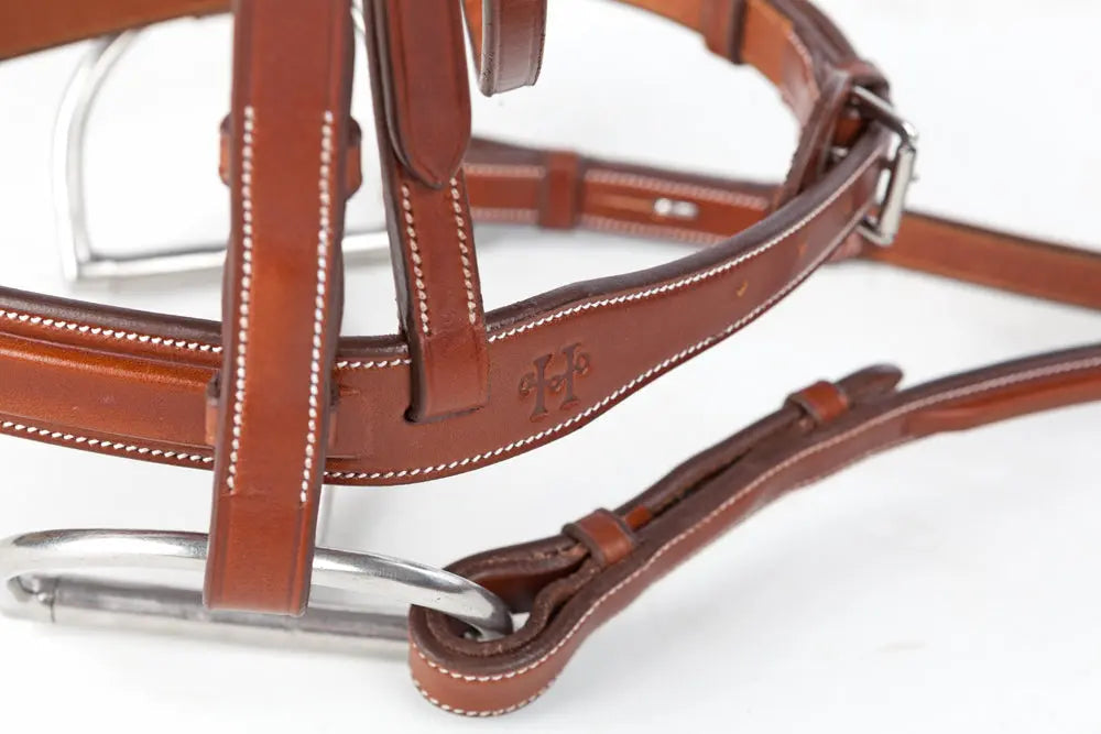 Brown leather equestrian bridle with metal hardware on a white background