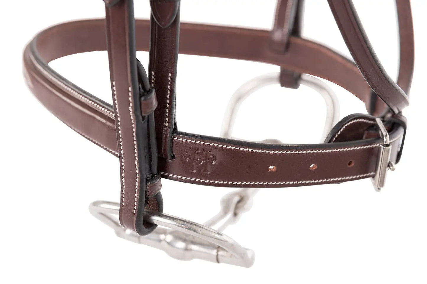 Brown leather bridle with metal hardware on a white background