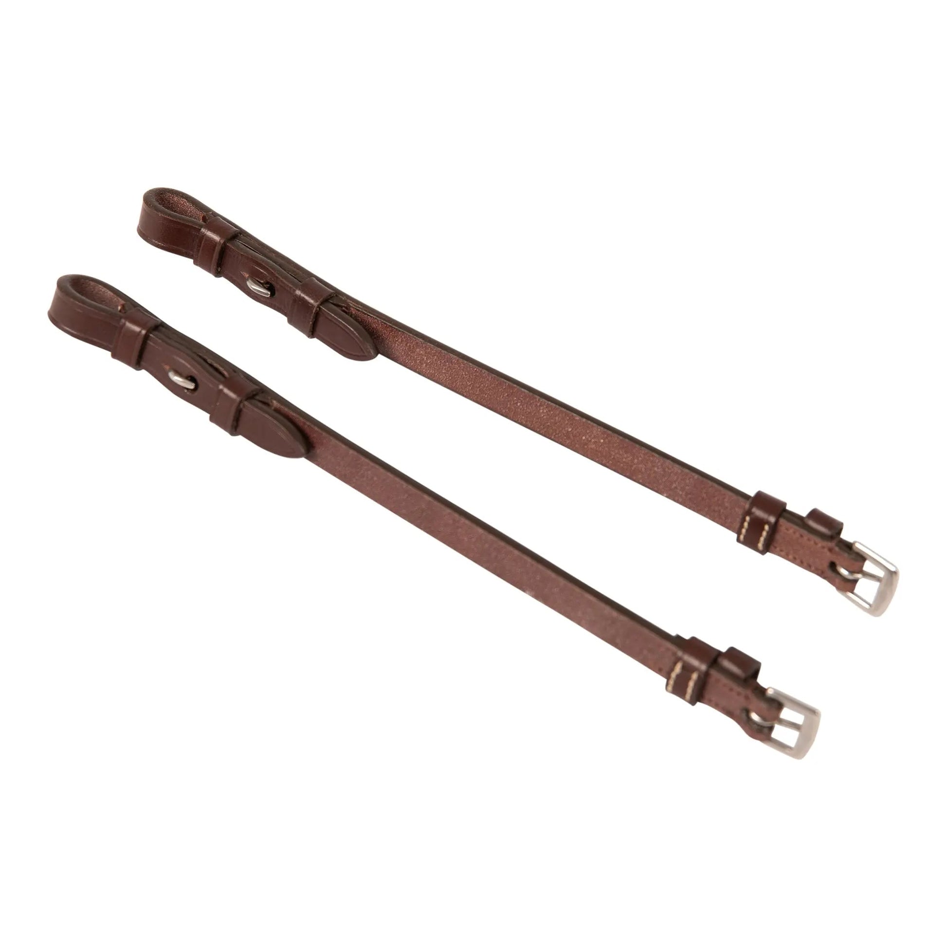 Two brown leather straps with metal buckles on a white background