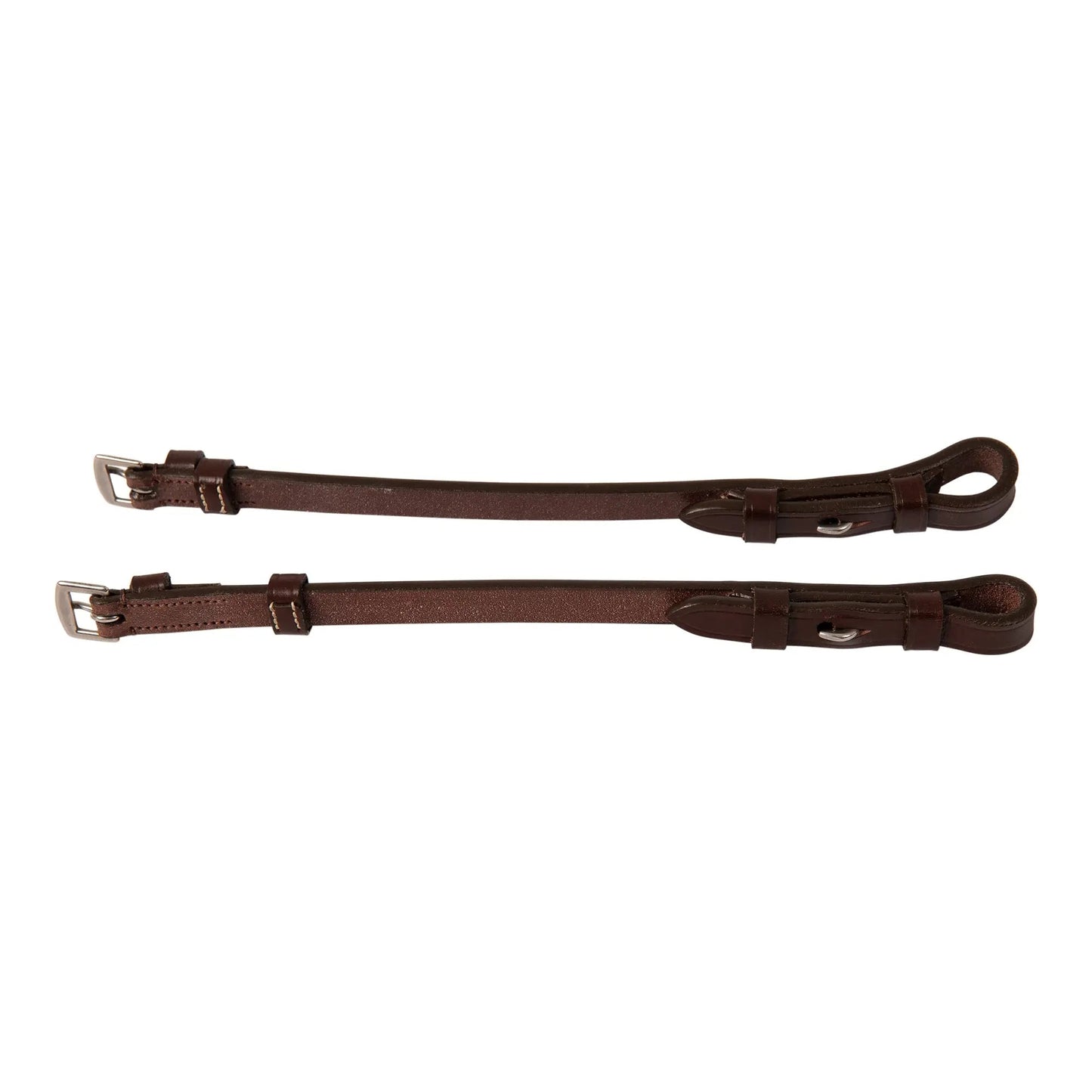Two brown leather straps with metal buckles on a white background