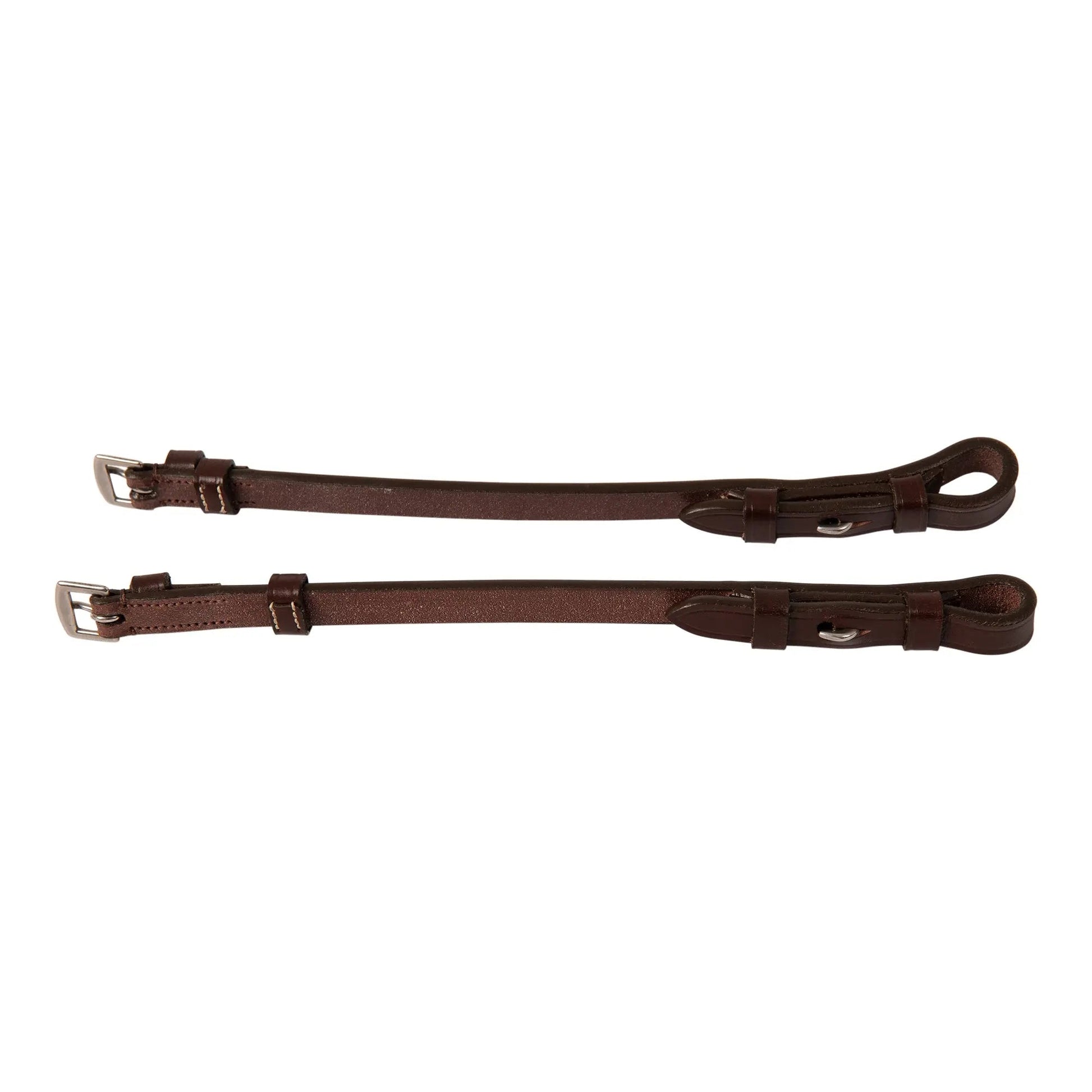 Two brown leather straps with metal buckles on a white background