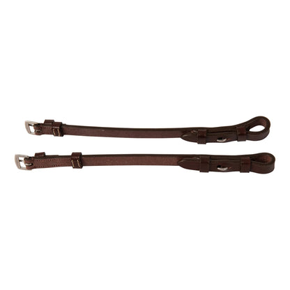 Two brown leather straps with metal buckles on a white background