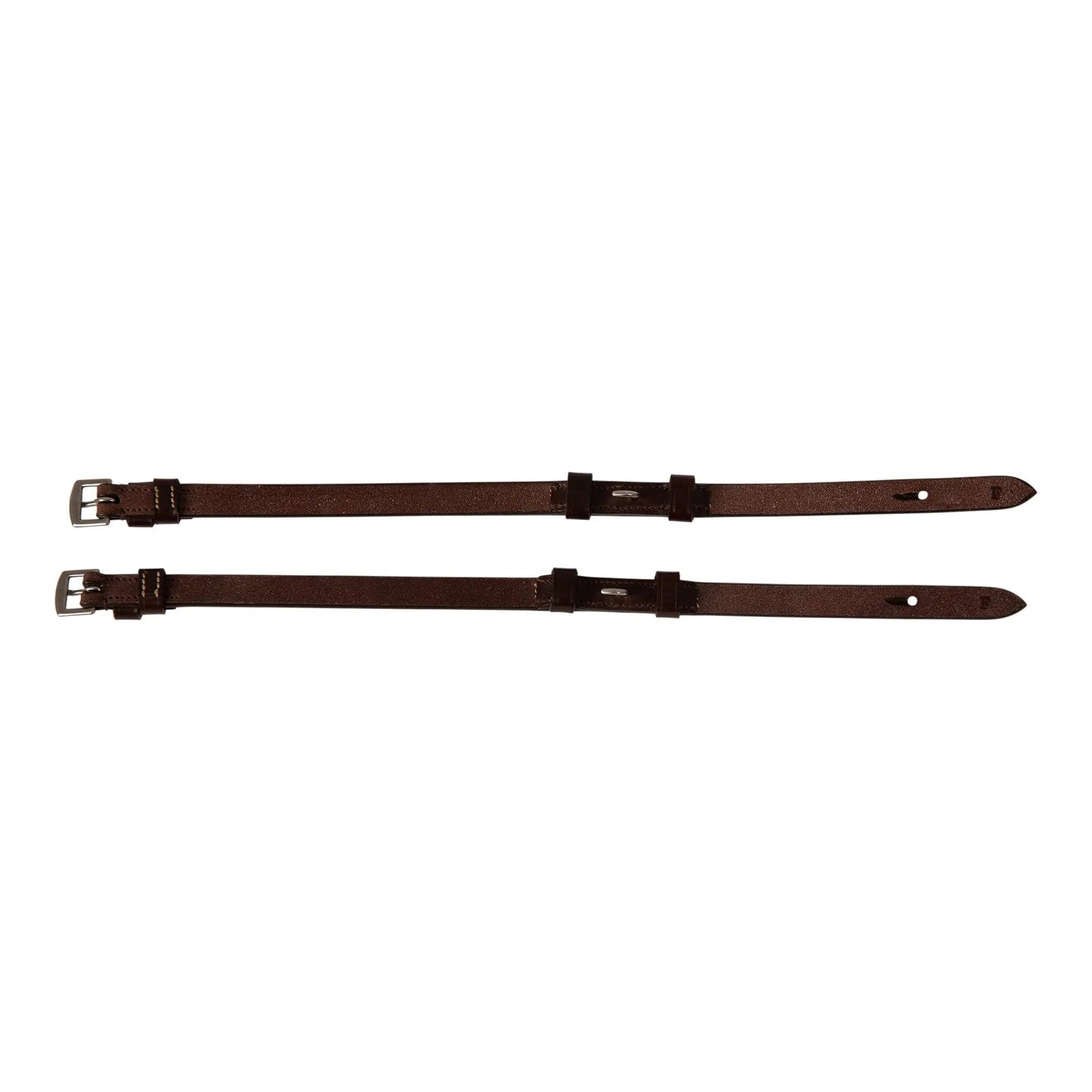 Two brown leather straps with buckles on a white background