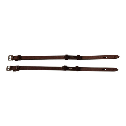 Two brown leather straps with buckles on a white background
