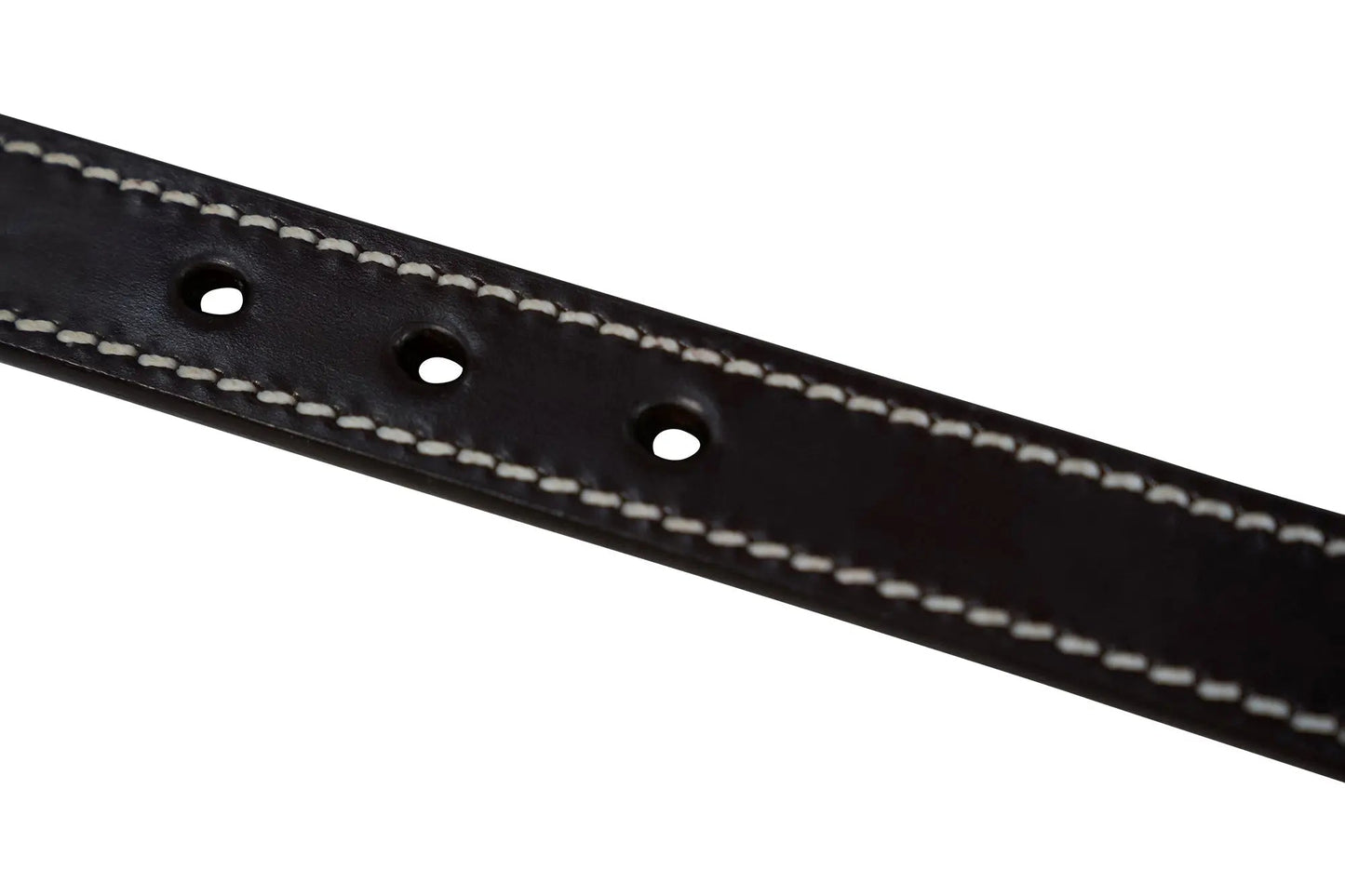 Close-up of a black leather belt with white stitching on a white background