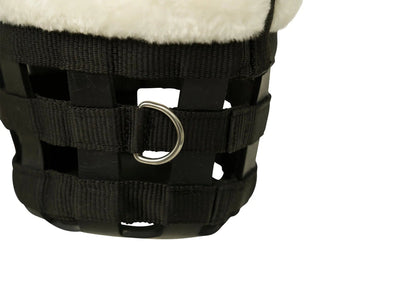 Black muzzle with a metal buckle on a white background