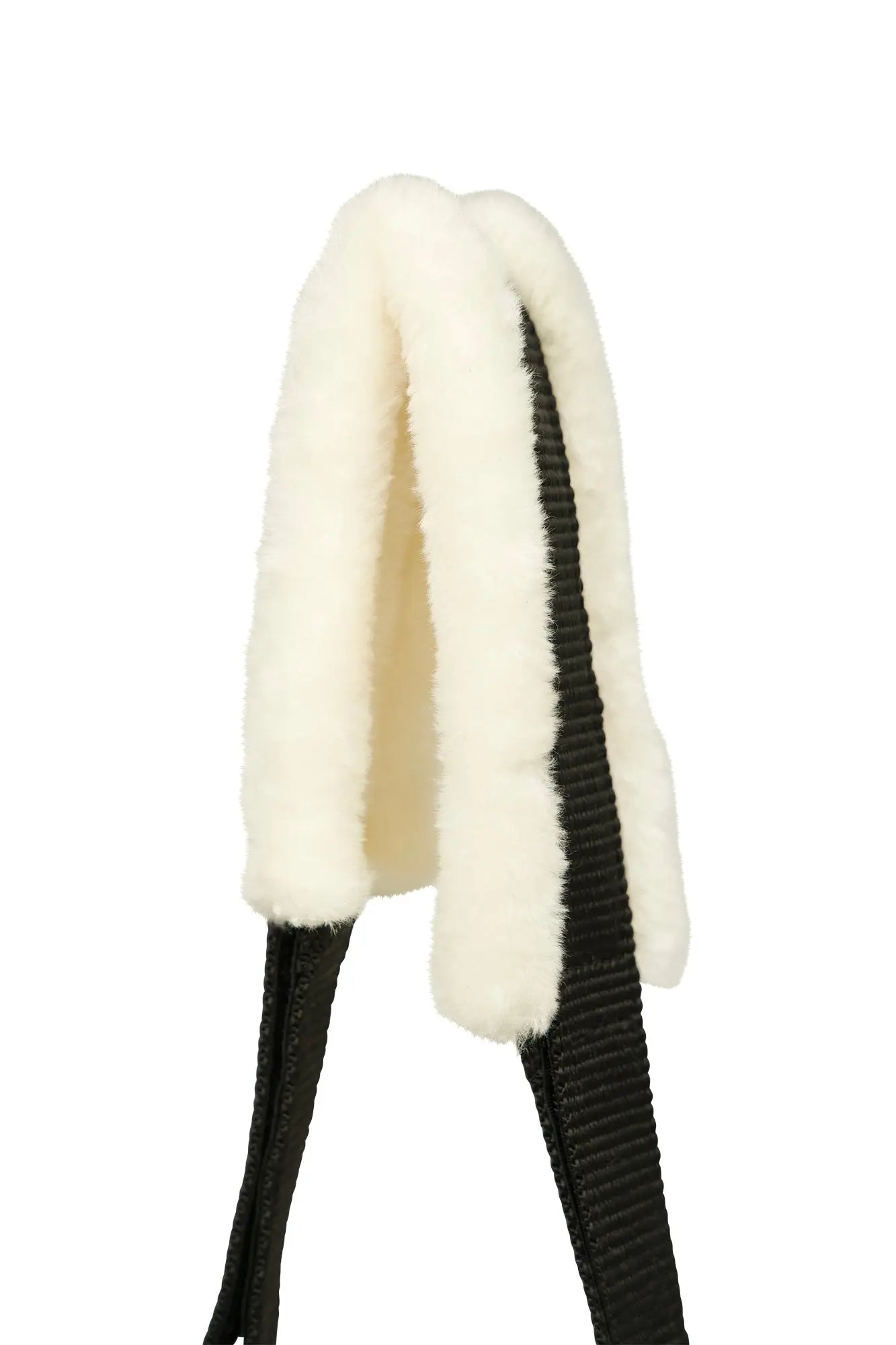White fur headband with black ribbed band on a white background