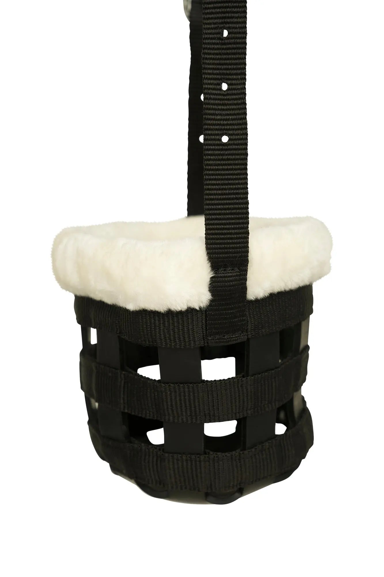 Black muzzle with white padding on a white background