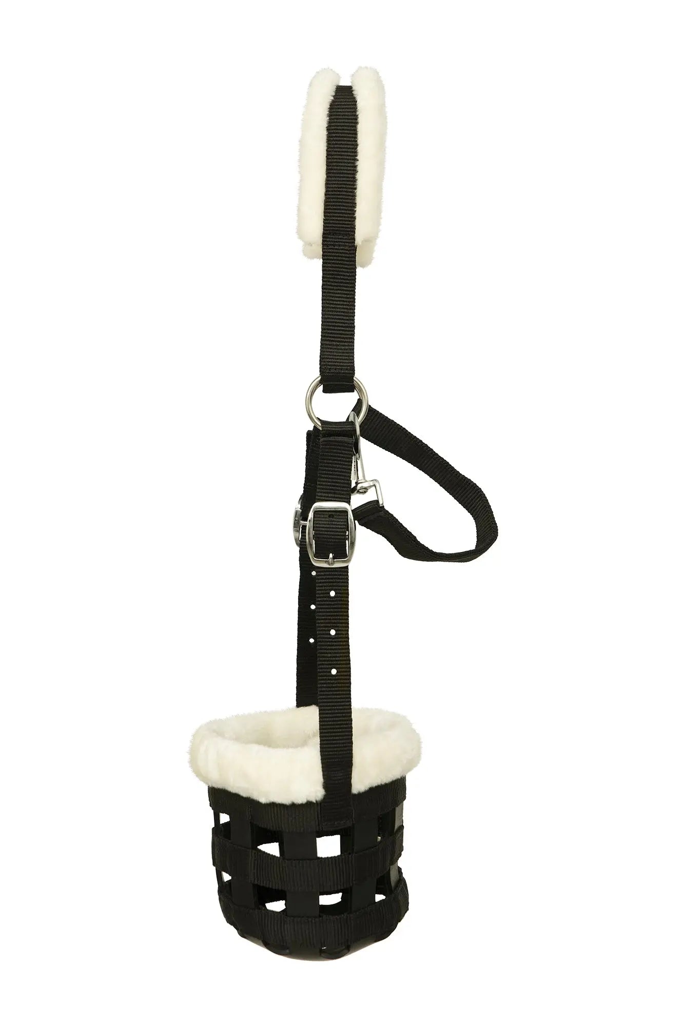 Black and white horse halter with a basket on a white background