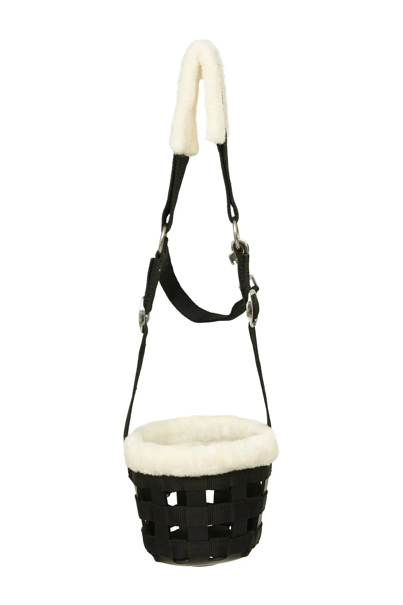 Black basket with white cushion and black straps on a white background