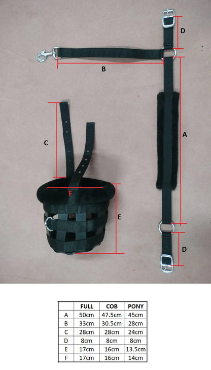 Black leather muzzle with measurement chart on a gray background