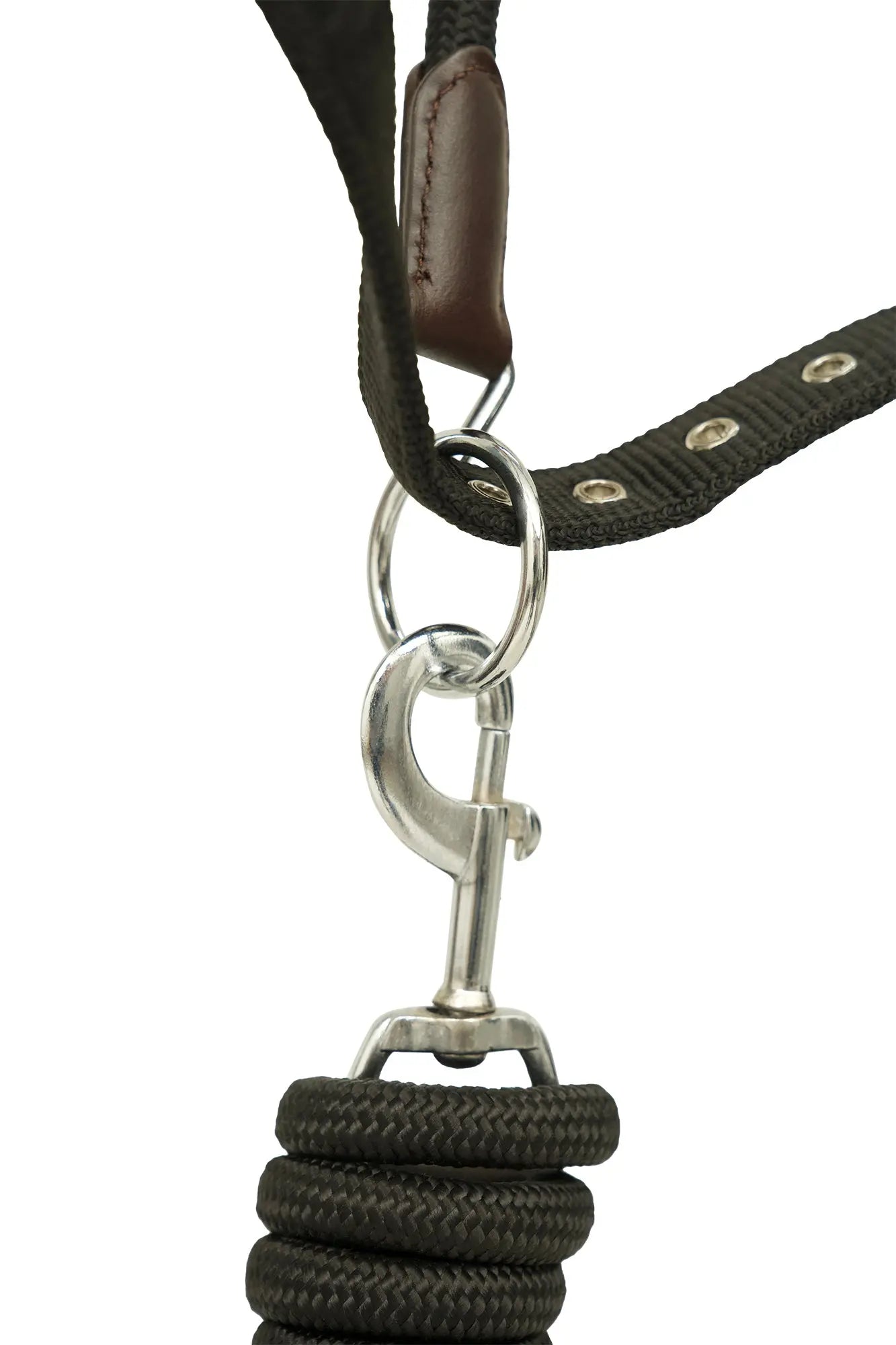 Close-up of a black leather lanyard with metal clip on a white background