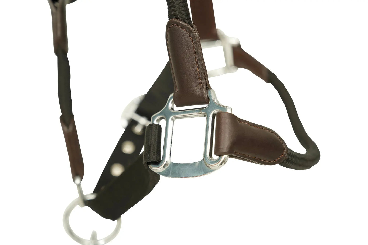 Brown leather horse bridle with metal bit on a white background