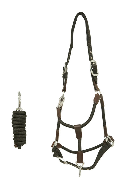 Brown leather horse halter with a rope teaser on a white background