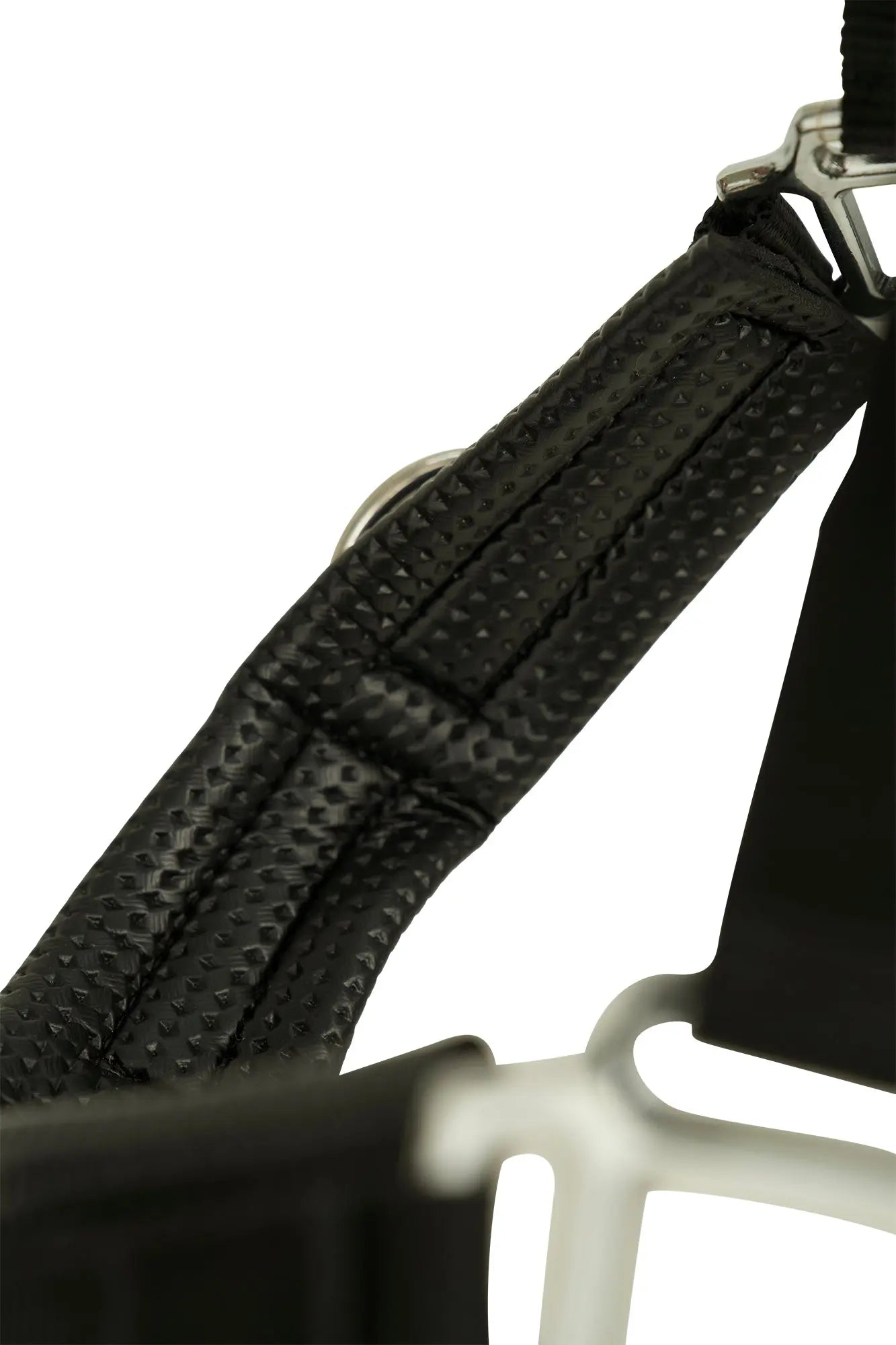 Close-up of a black bowstring with a white background