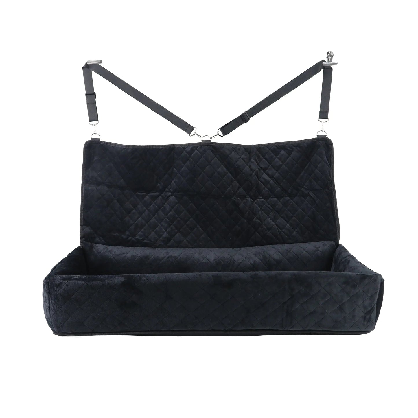 Black quilted pet car seat cover with straps on a white background