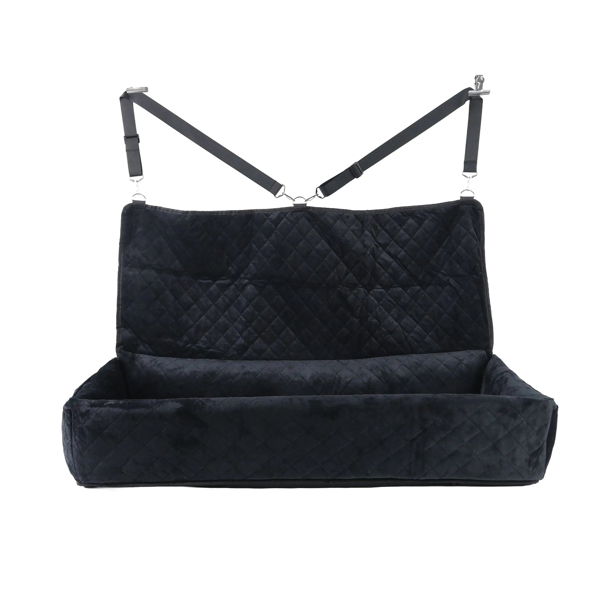 Black quilted pet car seat cover with straps on a white background