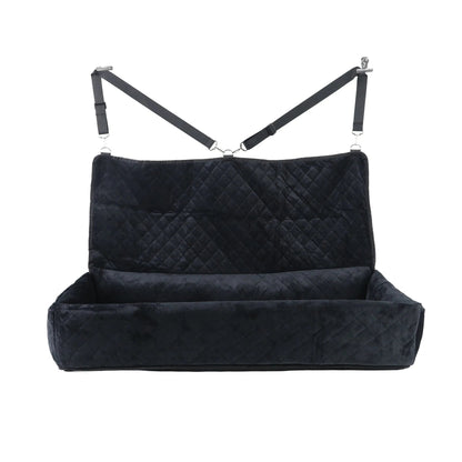 Black quilted pet car seat cover with straps on a white background