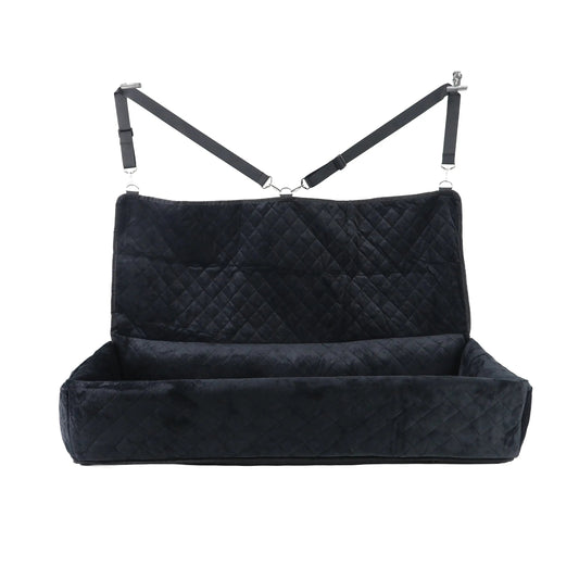Black quilted pet car seat cover with straps on a white background