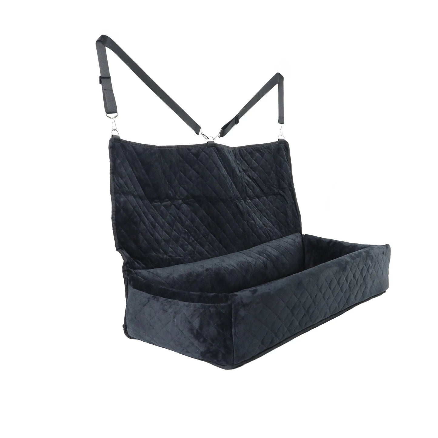 Black pet car seat with straps on a white background