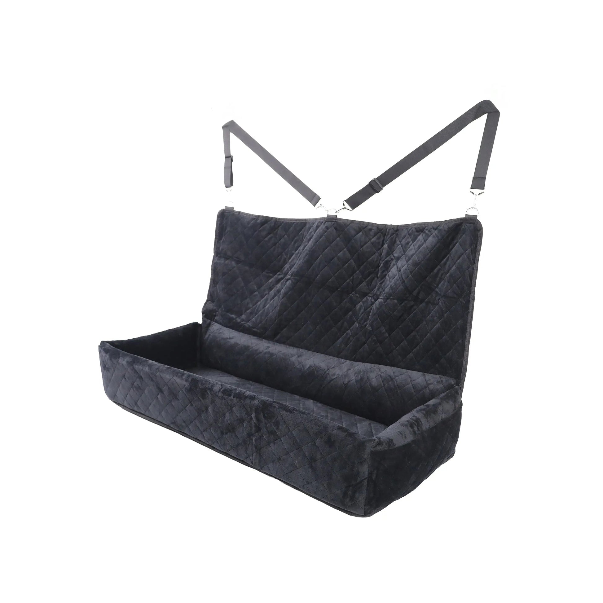 Black pet car seat with straps on a white background