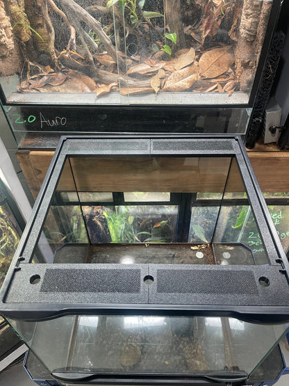 Glass aquarium with a black cover on a wooden surface