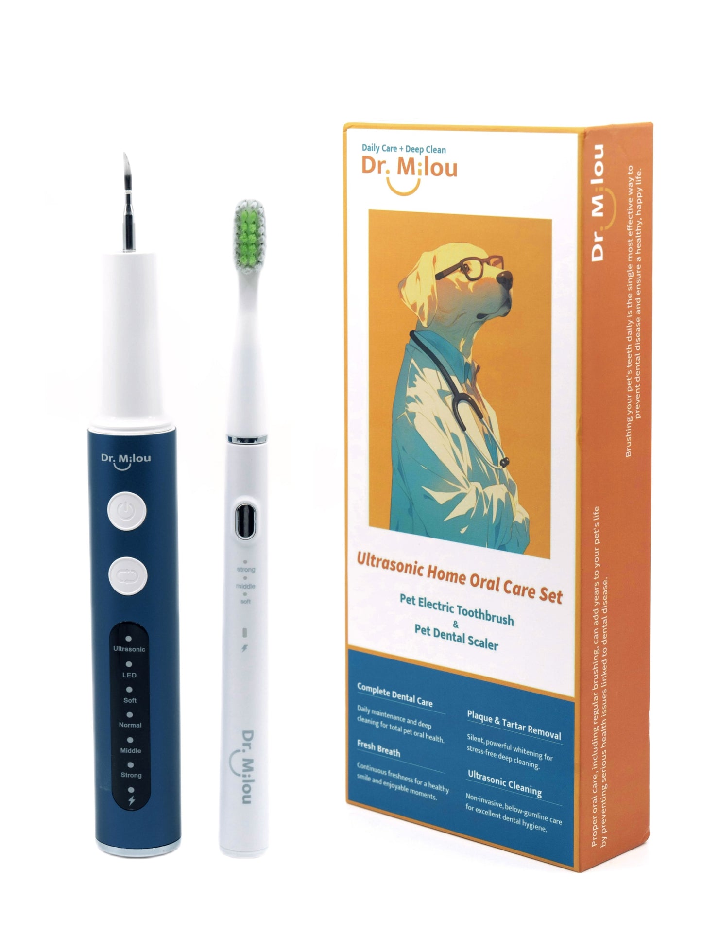 Dr. Milou pet dental care set with ultrasonic toothbrush and packaging on a white background