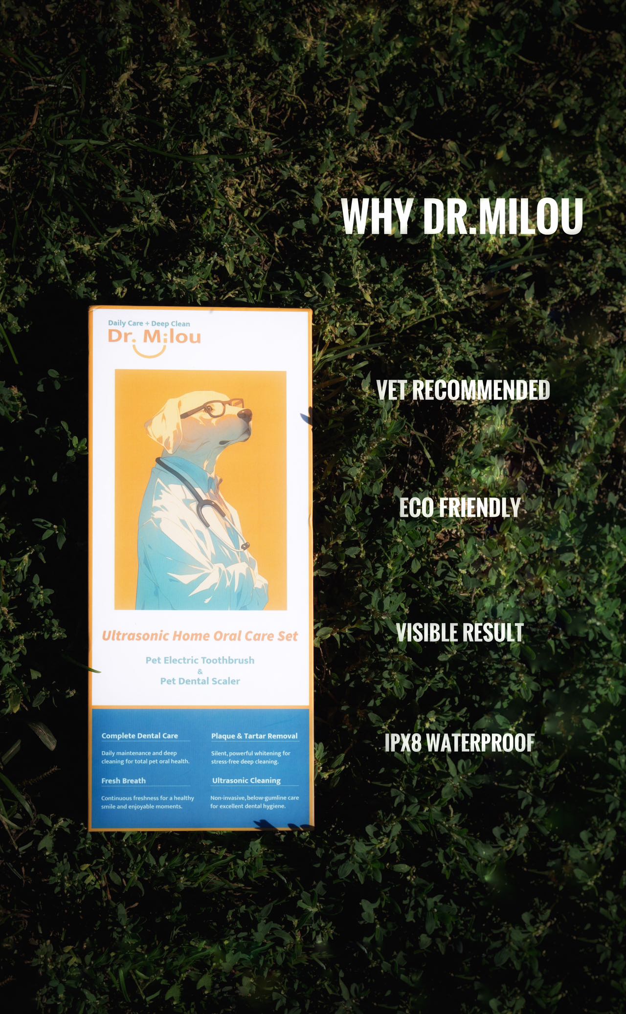 Dr. Milou product packaging on a grass background with text highlighting features.