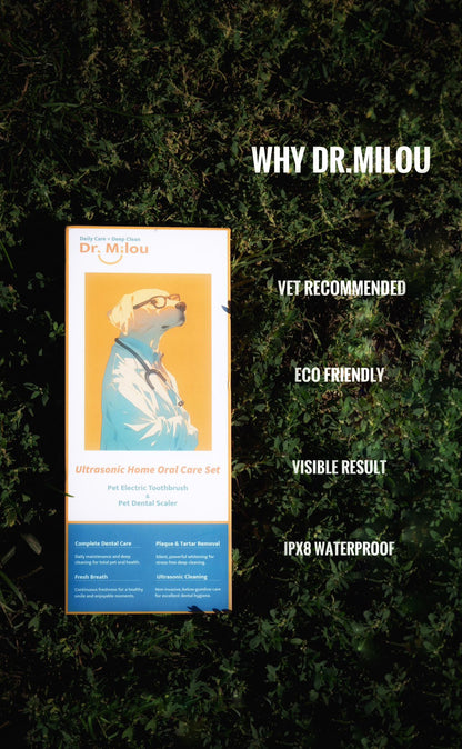 Dr. Milou product packaging on a grass background with text highlighting features.