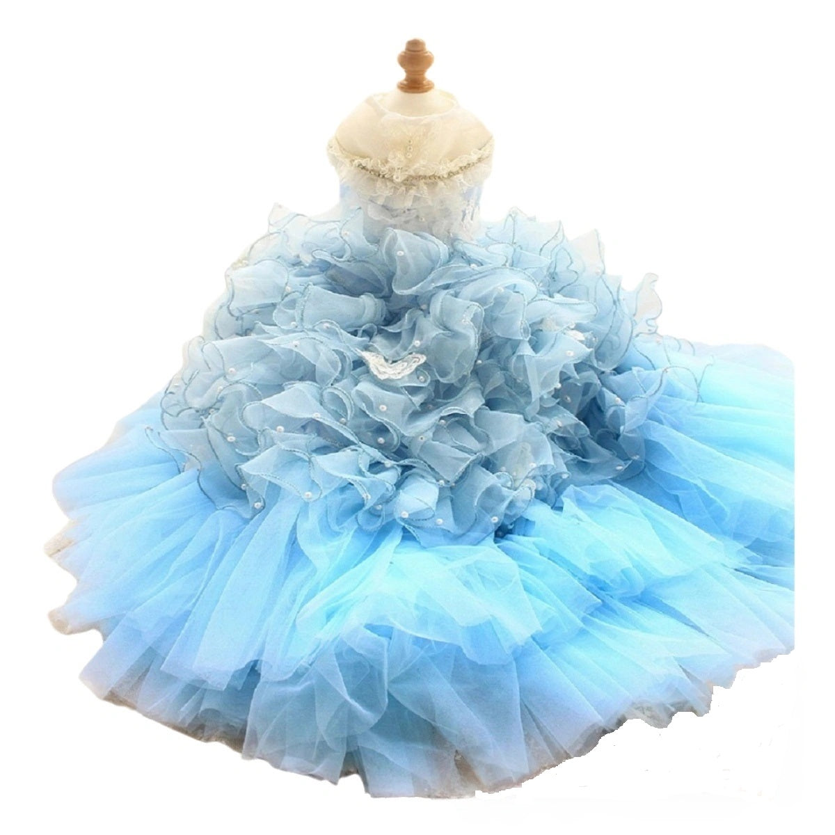 Light blue ruffled dress on a mannequin against a white background