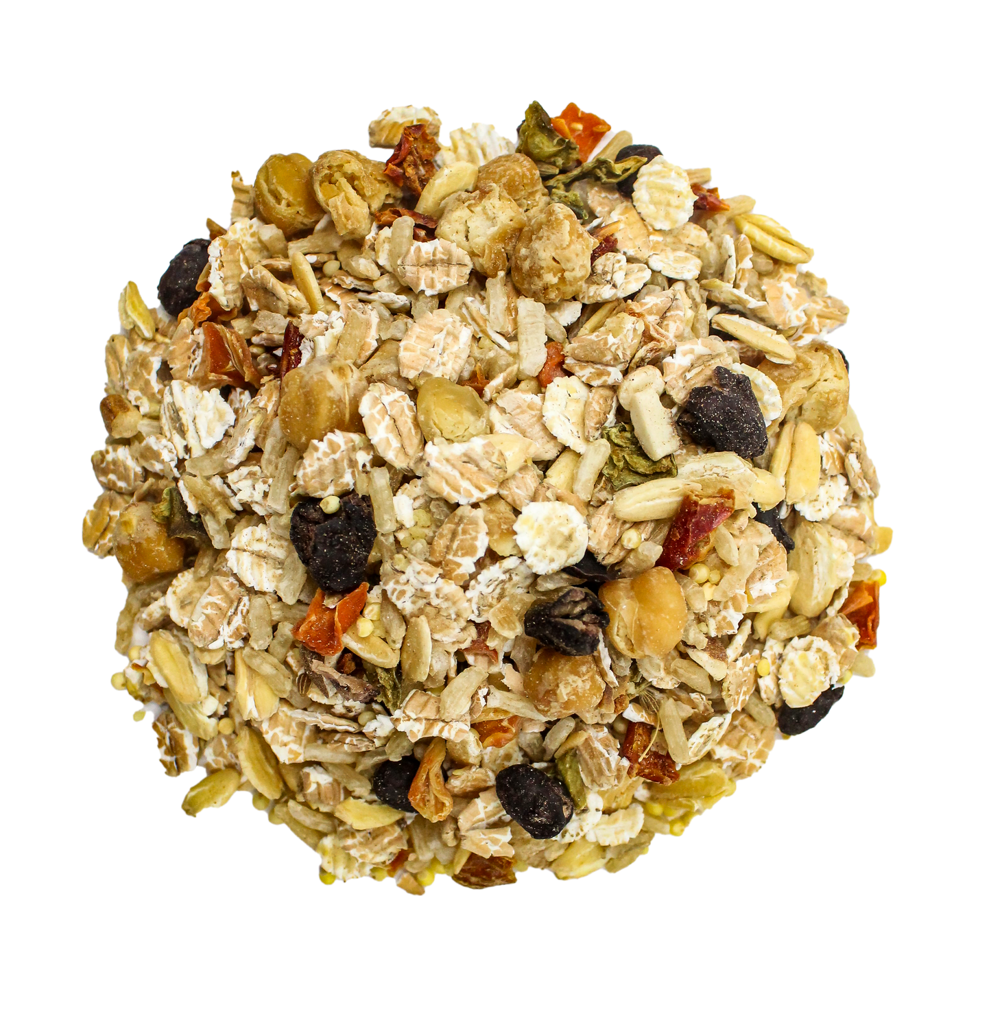 Muesli mix with oats, nuts, and dried fruits on a white background