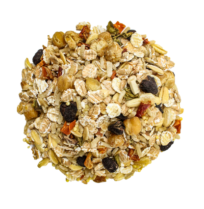 Muesli mix with oats, nuts, and dried fruits on a white background