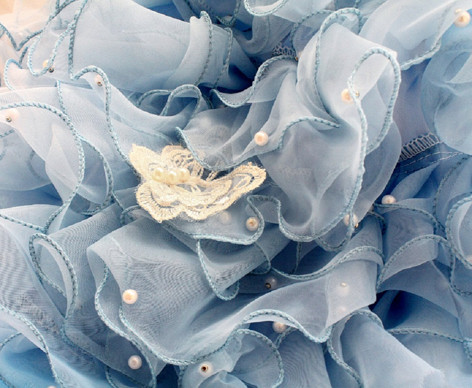 Close-up of light blue ruffled fabric with a decorative element.