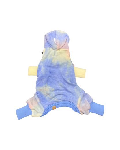 Tie-dye dog hoodie with yellow accents on a white background