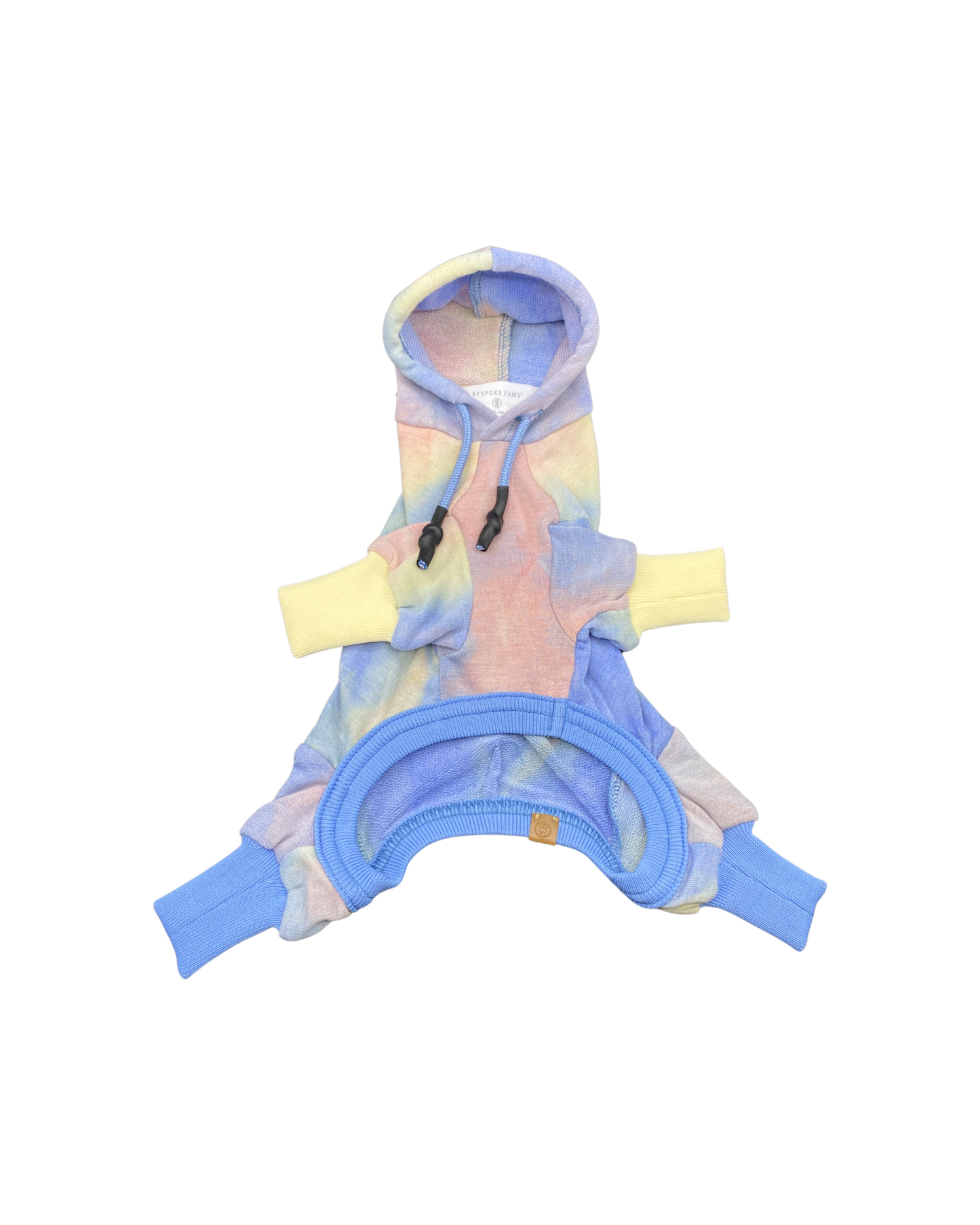 Colorful dog hoodie with a tie-dye pattern on a white background