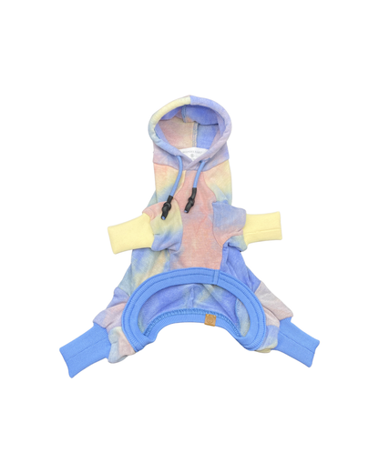 Colorful dog hoodie with a tie-dye pattern on a white background