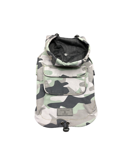 Camouflage-patterned backpack with a front pocket on a white background