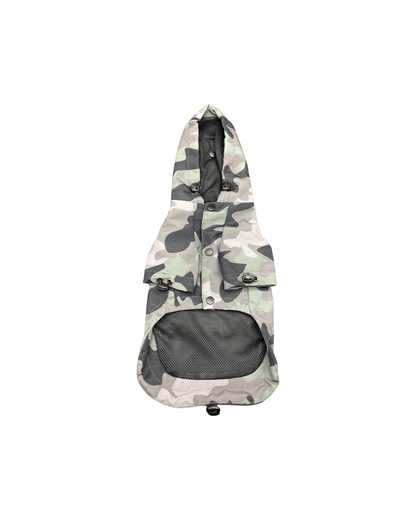 Camouflage-patterned dog raincoat on a white background