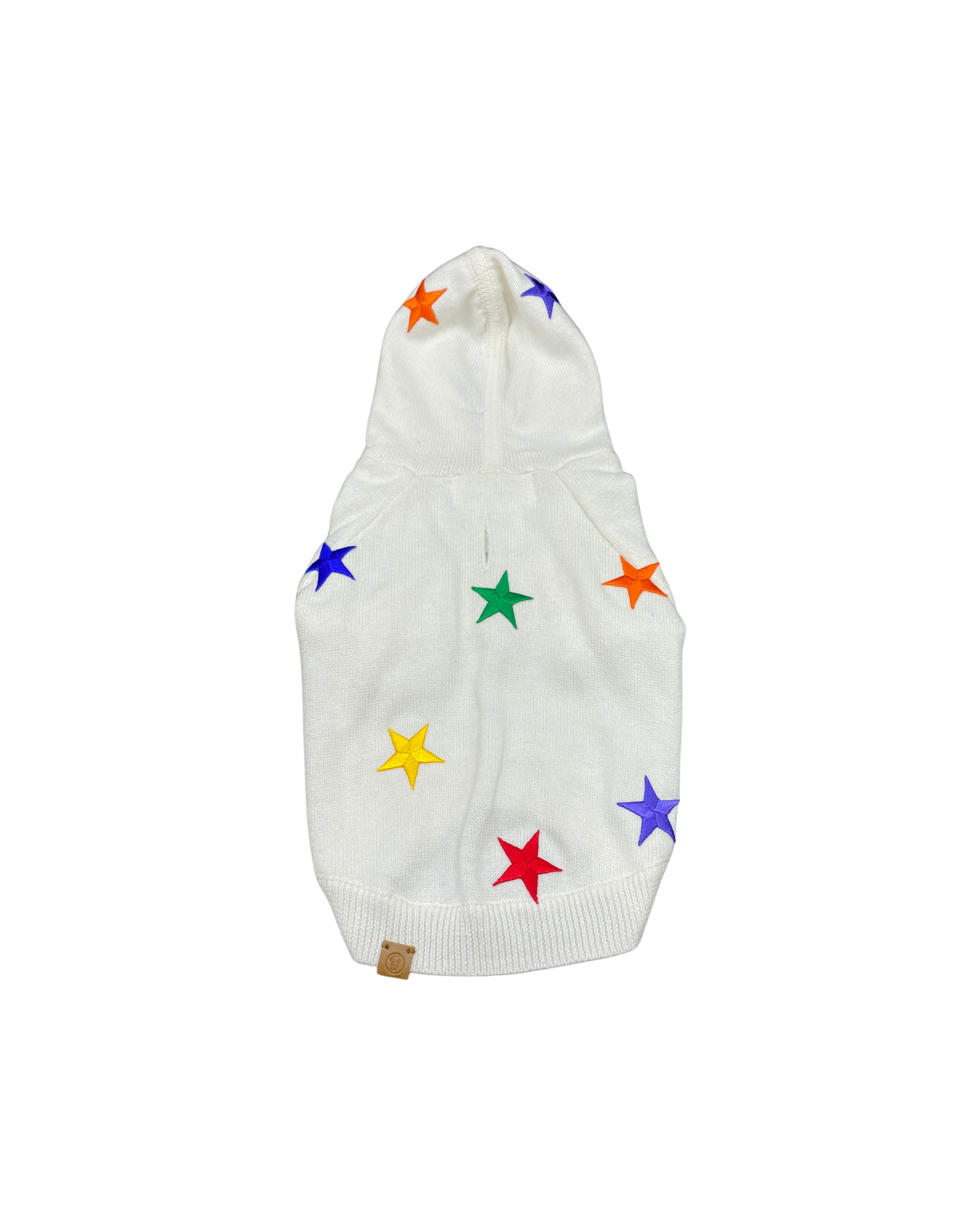 White hooded garment with colorful star patterns on a white background