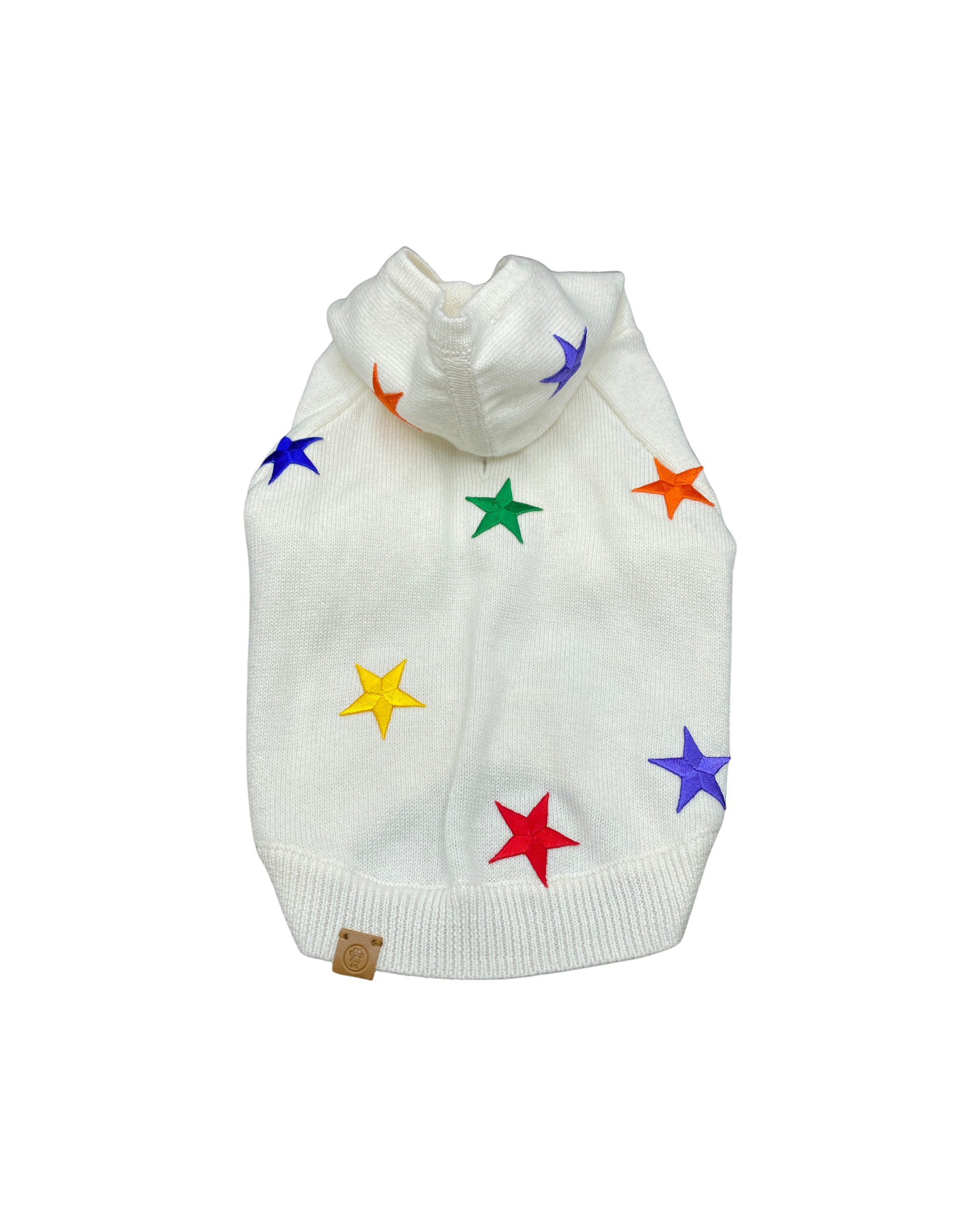 White dog hoodie with colorful star patterns on a white background
