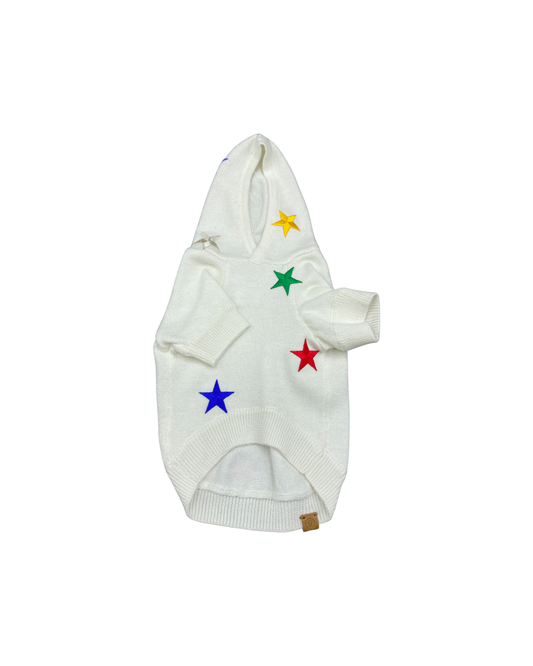 White hoodie with colorful star patterns on a white background