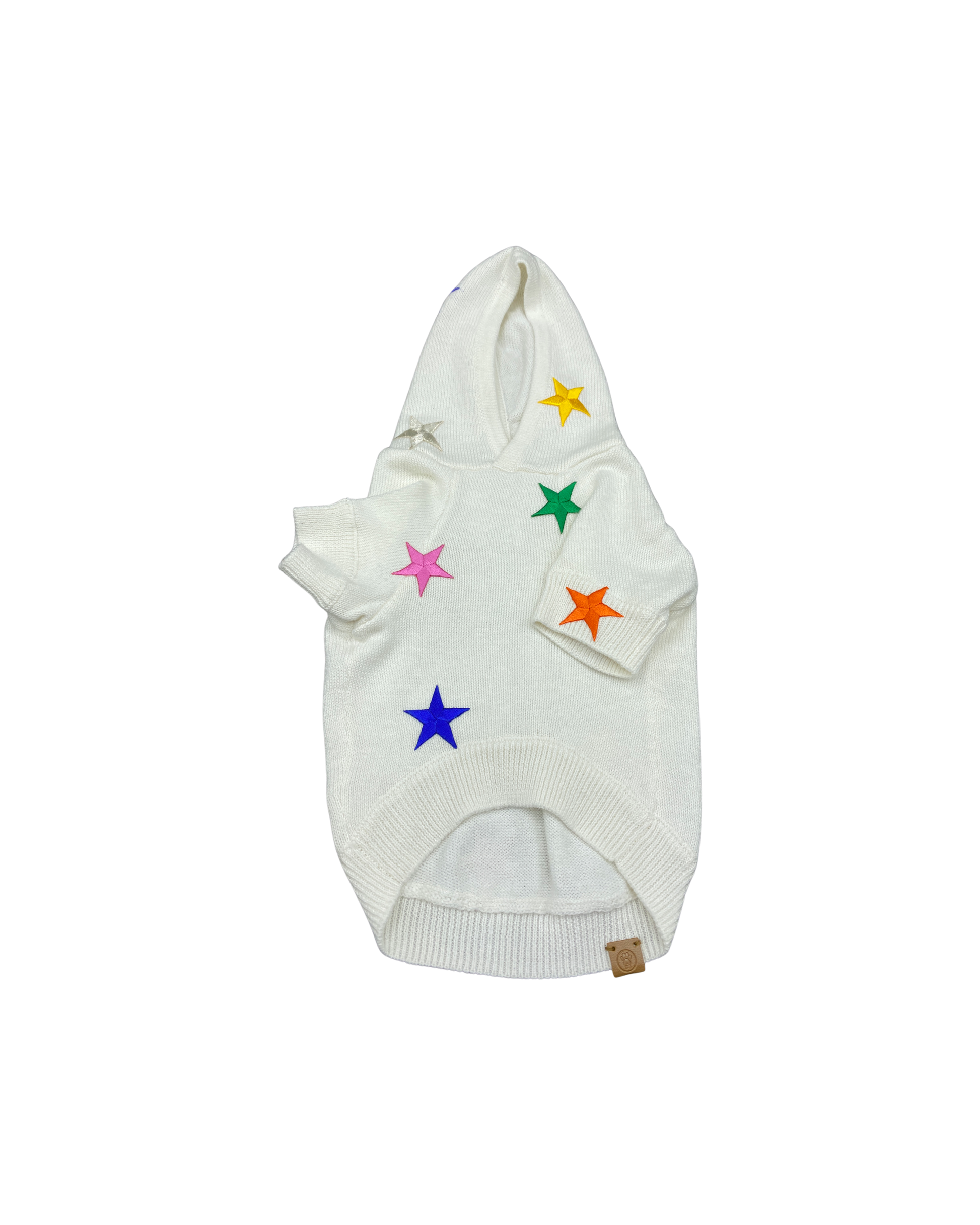 White dog hoodie with colorful star patterns on a white background