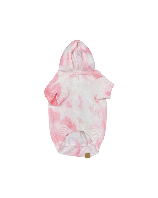 Pink and white tie-dye dog onesie on a white background