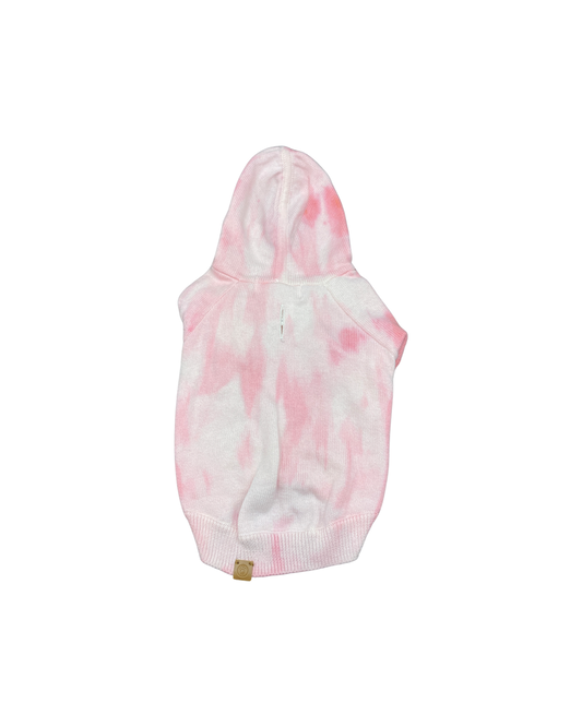 Pink and white tie-dye dog hoodie on a white background