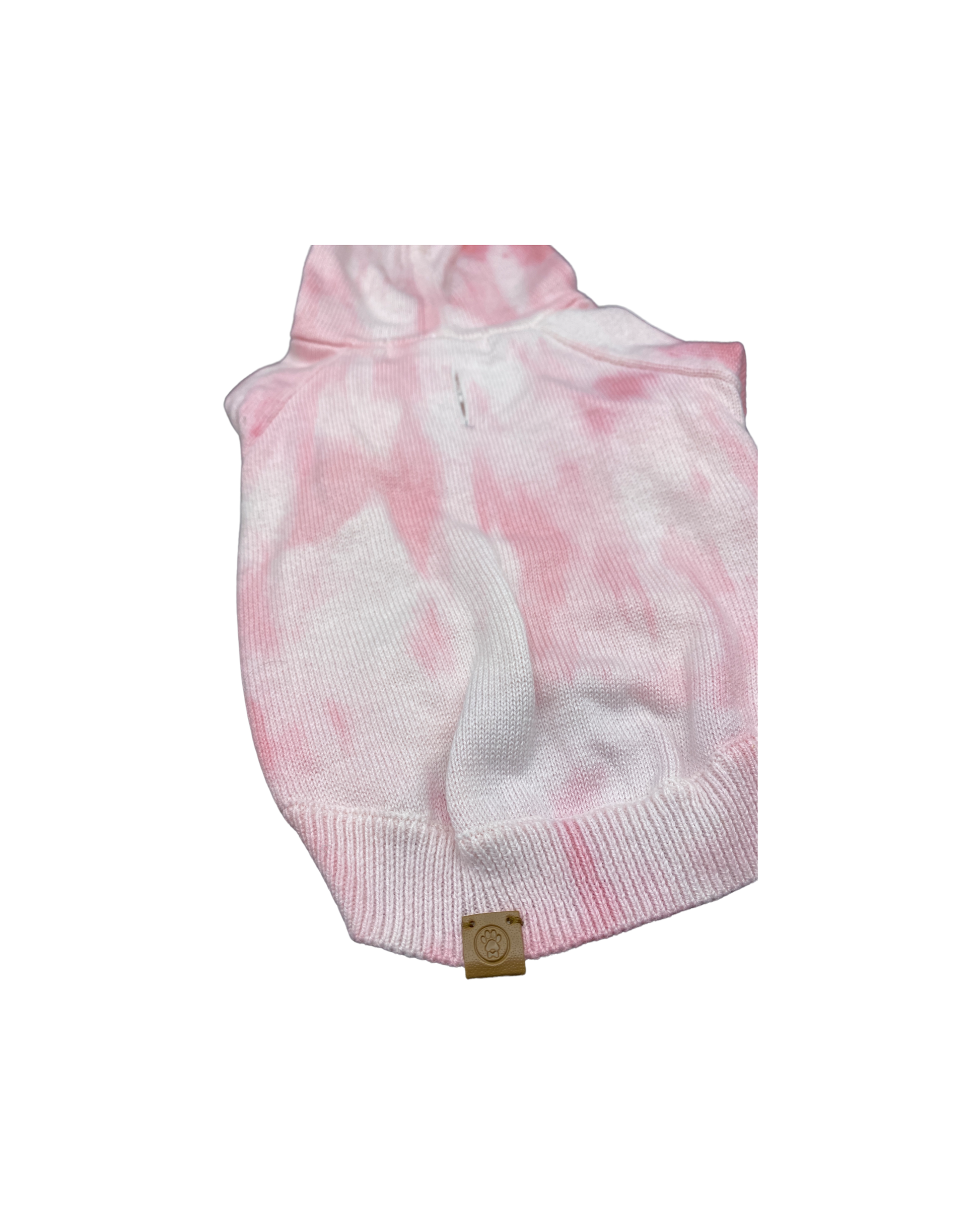 Pink and white tie-dye dog sweater on a white background
