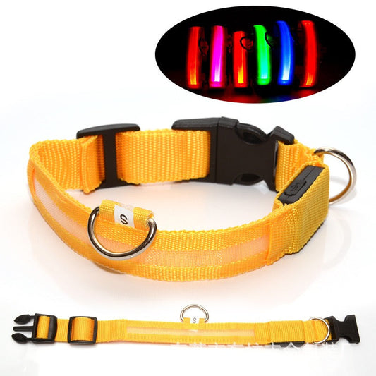 Yellow dog collar with LED lights on a white background