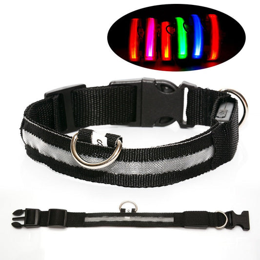 Black dog collar with reflective strip and inset showing colorful LED lights on a white background